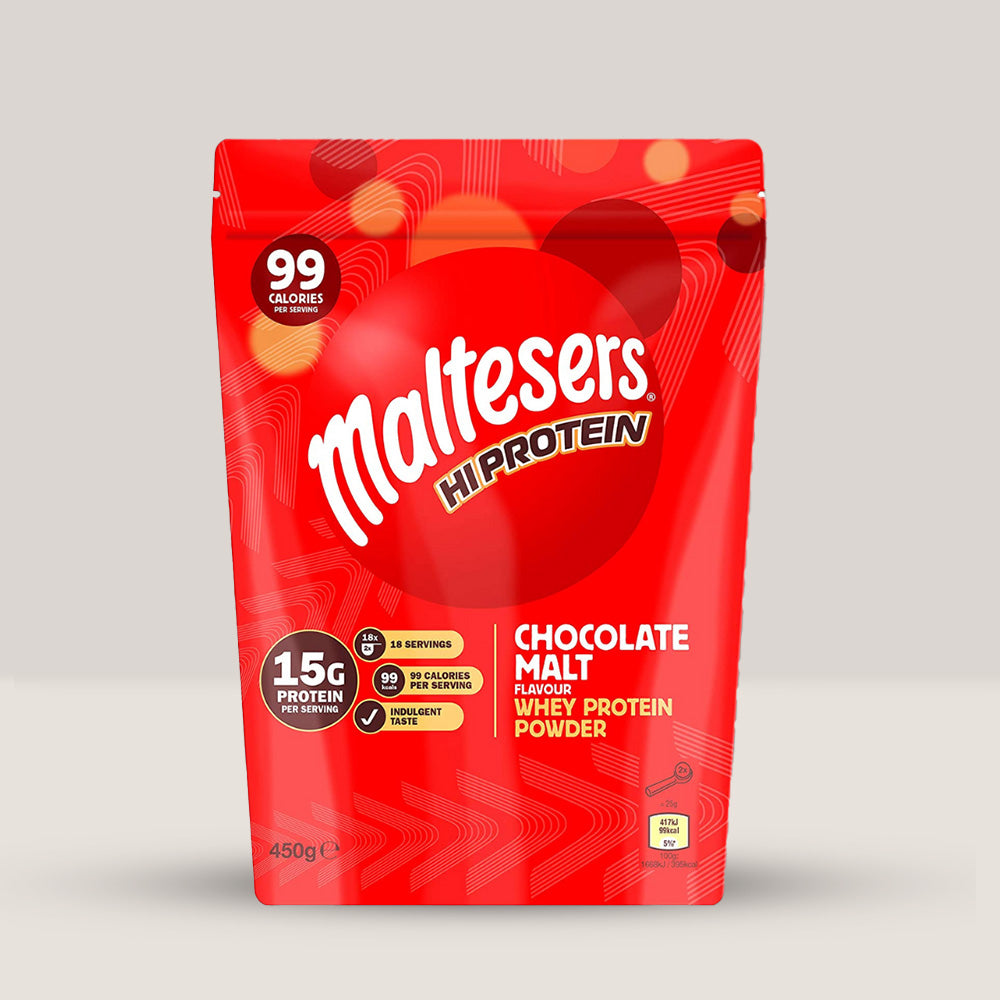 Recipient de 450g de pudră proteică Maltesers Hi-Protein cu aromă de ciocolată și malț.