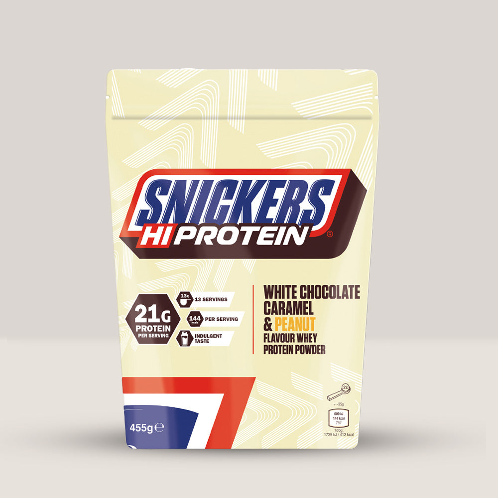 Recipient de pudră proteică Snickers Hi-Protein cu aromă de ciocolată albă, 455g.
