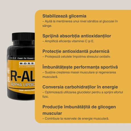 R-ALA Vitabolic: Antioxidant universal pentru vitalitate celulară și metabolism echilibrat. Energie vibrantă și claritate mentală garantate.