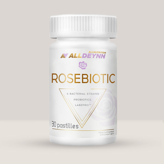 Cutie de Rosebiotic de la Alldeynn, supliment sinbiotic (probiotic) pentru digestie și imunitate, 30 de pastile.