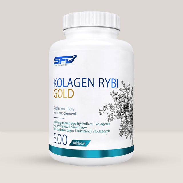 Imagine cu o cutie de SFD Collagen Fish Gold (500 de tablete), un supliment cu colagen hidrolizat din pește pentru piele, păr și unghii.