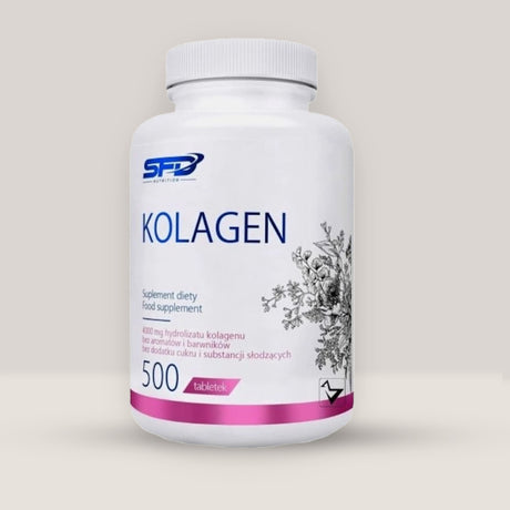 Imagine cu o cutie de SFD 100% Natural Collagen (500 tablete) de la SFD Nutrition, un supliment cu colagen hidrolizat pur pentru piele, păr, unghii și articulații.