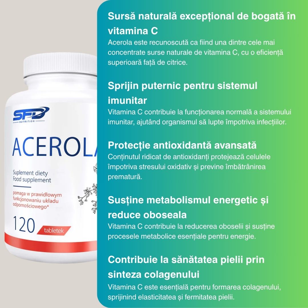 Acerola SFD Nutrition: Vitamina C naturală pentru imunitate puternică și vitalitate radiantă.