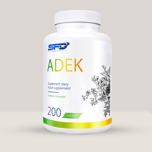 Imagine cu o cutie de SFD ADEK (200 tablete) de la SFD Nutrition, un complex de vitamine A, D, E și K pentru sănătate optimă.