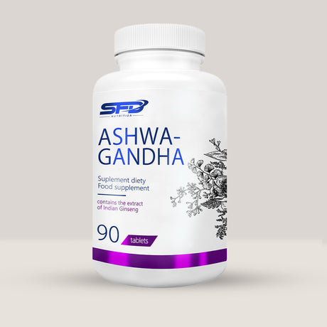 Imagine cu o cutie de SFD Ashwagandha (90 tablete) de la SFD Nutrition, un supliment cu extract de Ashwagandha pentru reducerea stresului și susținerea energiei.