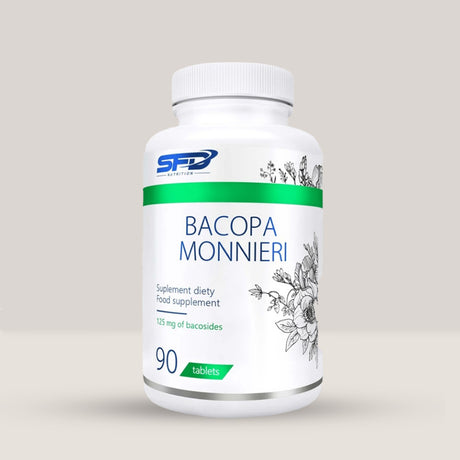 Imagine cu o cutie de SFD Bacopa Monnieri 125mg (90 tablete) de la SFD Nutrition, un supliment cu extract de Bacopa Monnieri pentru memorie și concentrare.