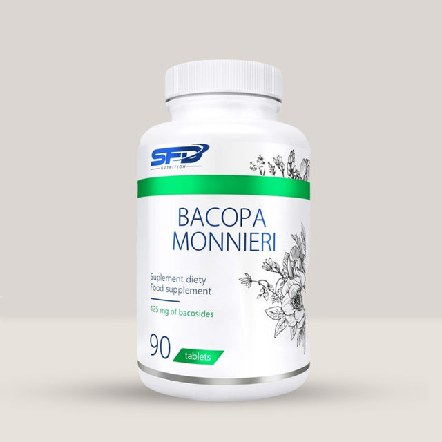 Imagine cu o cutie de SFD Bacopa Monnieri 125mg (90 tablete) de la SFD Nutrition, un supliment cu extract de Bacopa Monnieri pentru memorie și concentrare.