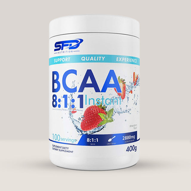 Imagine cu o cutie de SFD BCAA 8:1:1 (400g, 100 de serviri) de la SFD Nutrition, un supliment cu aminoacizi cu lanț ramificat.