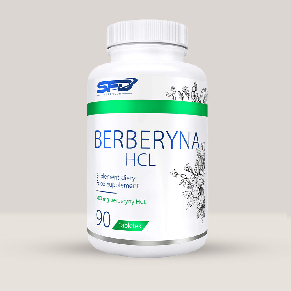 Imagine cu o cutie de SFD Berberyna HCL (90 tablete) de la SFD Nutrition, un supliment cu extract de Berberis aristata pentru sănătatea metabolică.
