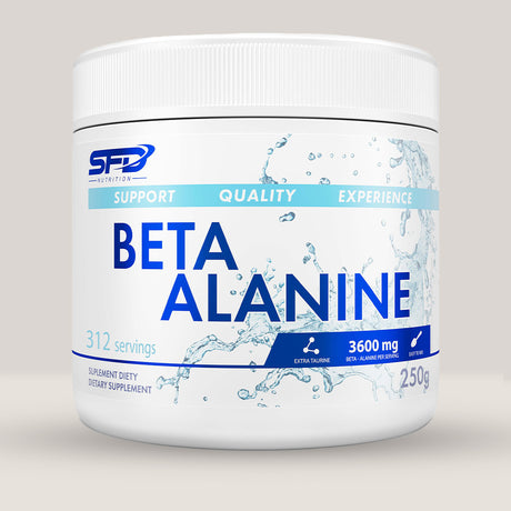 Imagine cu o cutie de SFD Beta Alanine REBREND (250g, 312 serviri) de la SFD Nutrition, un supliment cu beta-alanină pură pentru creșterea rezistenței.