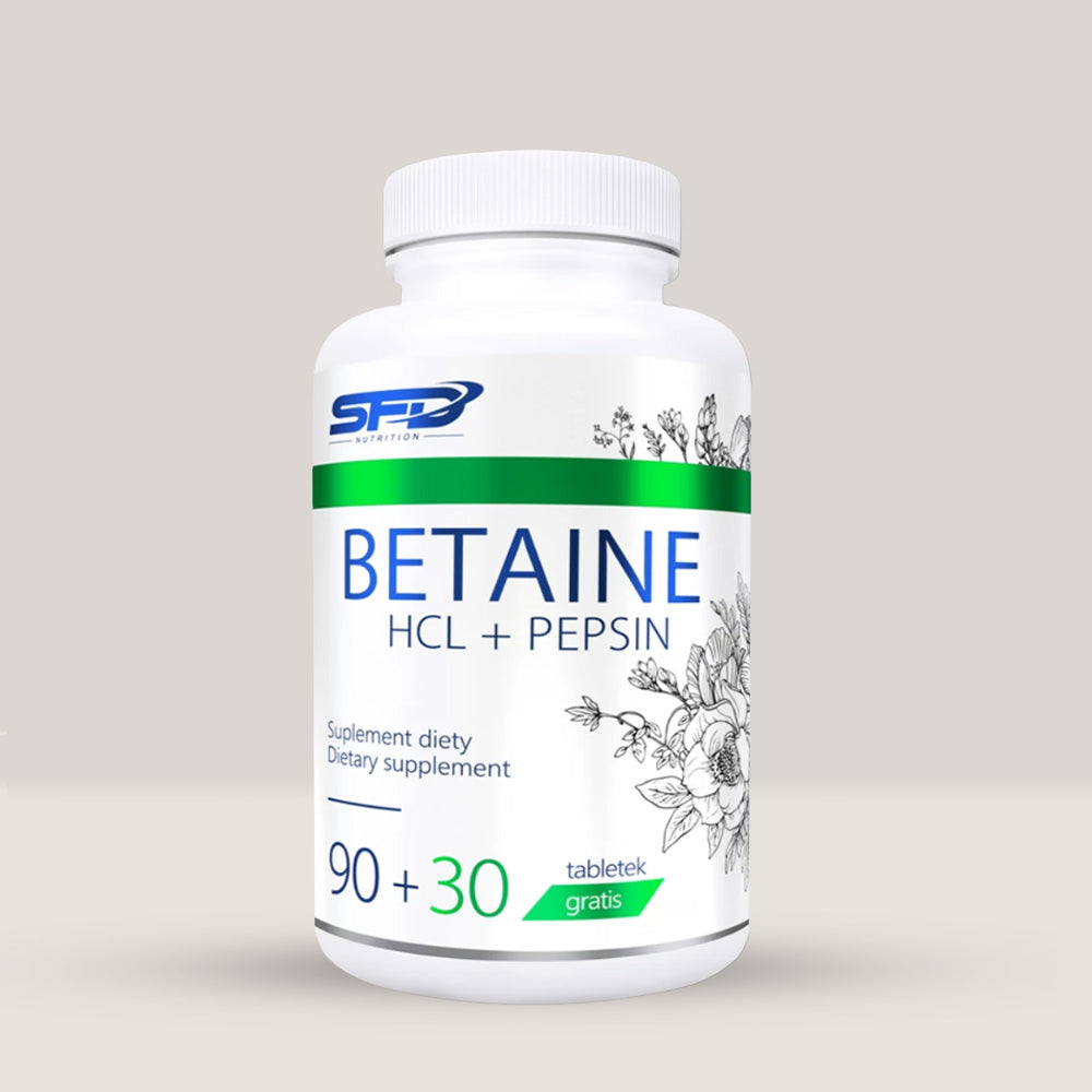 Imagine cu o cutie de SFD Betaina HCL + Pepsina (120 tablete) de la SFD Nutrition, un supliment pentru digestie cu betaină HCL și pepsină.