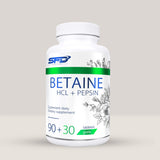 Imagine cu o cutie de SFD Betaina HCL + Pepsina (120 tablete) de la SFD Nutrition, un supliment pentru digestie cu betaină HCL și pepsină.