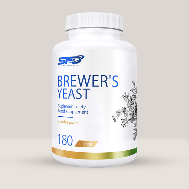 Imagine cu o cutie de SFD Brewers Yeast (180 tablete) de la SFD Nutrition, un supliment cu drojdie de bere inactivă pentru sănătatea pielii, părului și unghiilor.