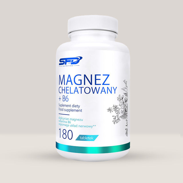 Imagine cu o cutie de SFD Chelated Magnesium + B6 (180 tablete) de la SFD Nutrition, un supliment cu magneziu chelat și vitamina B6 pentru reducerea oboselii.