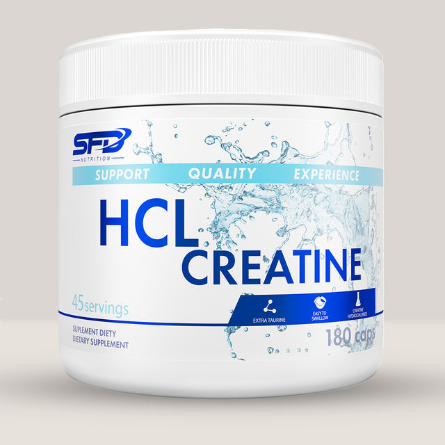 Imagine cu o cutie de SFD Creatine HCL (180 capsule, 45 de serviri) de la SFD Nutrition, un supliment cu clorhidrat de creatină pentru creșterea performanței.