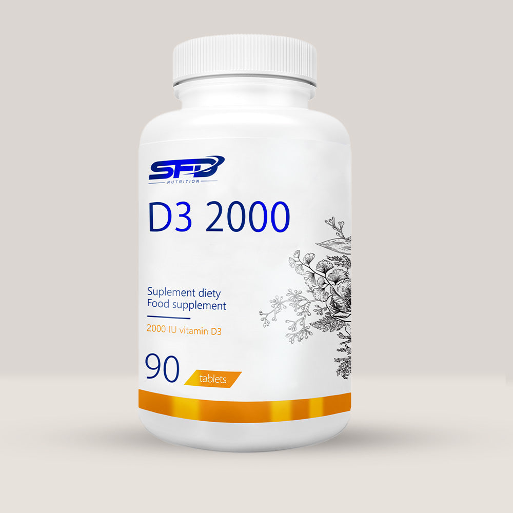 Imagine cu o cutie de SFD D3 2000 (90 tablete) de la SFD Nutrition, un supliment cu vitamina D3 pentru imunitate și sănătatea oaselor.