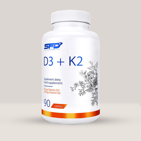 Imagine cu o cutie de SFD D3 + K2 (90 tablete) de la SFD Nutrition, un supliment cu vitamina D3 și K2 pentru sănătatea oaselor.