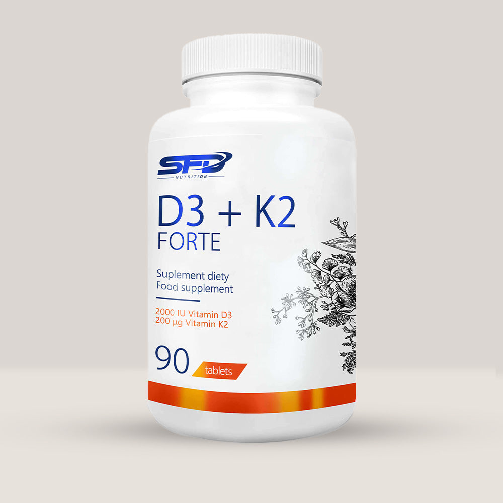 Imagine cu o cutie de SFD D3 + K2 Forte (90 tablete) de la SFD Nutrition, un supliment cu vitamina D3 și K2 pentru sănătatea oaselor și a sistemului imunitar.