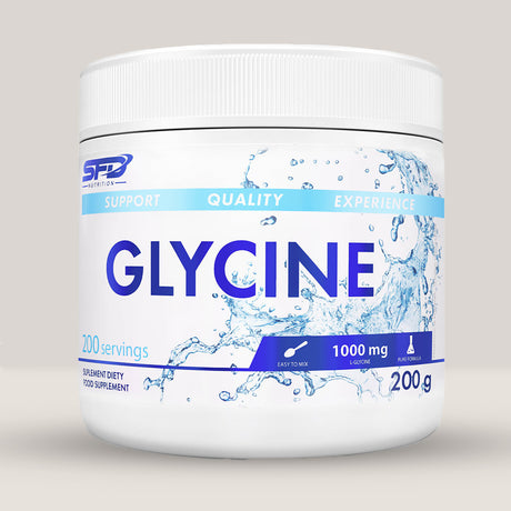 Imagine cu o cutie de SFD Glycine 200g (200 de serviri) de la SFD Nutrition, un supliment cu glicină pură sub formă de pulbere pentru regenerare musculară și îmbunătățirea somnului.