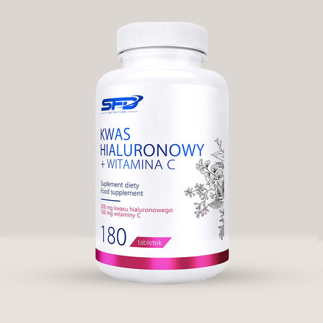 Imagine cu o cutie de SFD Hyaluronic Acid + Vitamin C (180 tablete) de la SFD Nutrition, un supliment cu acid hialuronic și vitamina C pentru hidratarea pielii.