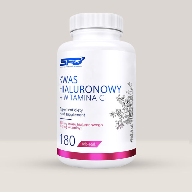 Imagine cu o cutie de SFD Hyaluronic Acid + Vitamin C (180 tablete) de la SFD Nutrition, un supliment cu acid hialuronic și vitamina C pentru hidratarea pielii.