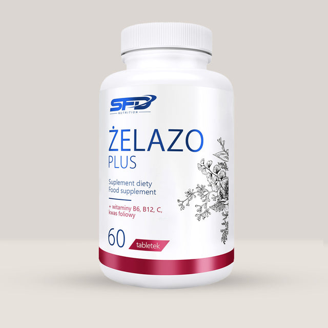 Imagine cu o cutie de SFD Iron Plus (60 tablete) de la SFD Nutrition, un supliment cu fier bisglicinat pentru reducerea oboselii.