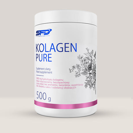 Imagine cu o cutie de SFD Kolagen Pure 500g (50 de serviri) de la SFD Nutrition, un supliment cu colagen hidrolizat pur pentru piele, păr, unghii și articulații.