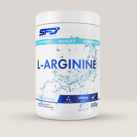 Imagine cu o cutie de SFD L-Arginine REBREND (500g, 166 de serviri) de la SFD Nutrition, un supliment cu L-arginină pură pentru pompare musculară și creșterea performanței.