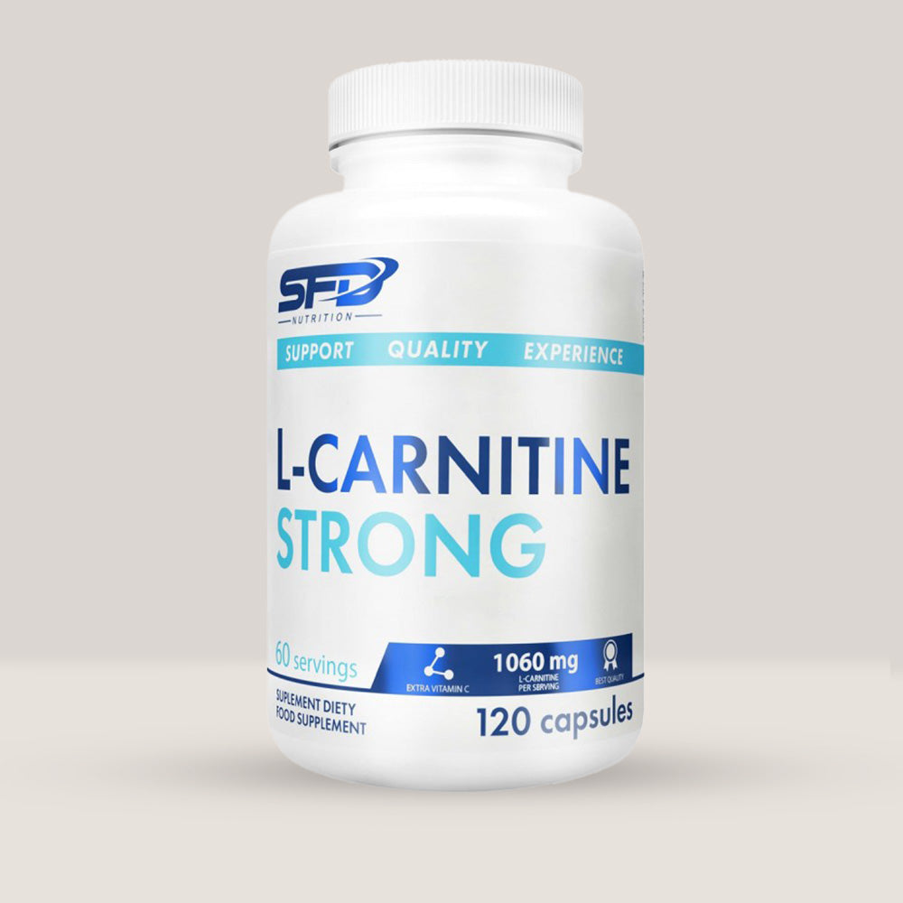 Imagine cu o cutie de SFD L-Carnitine Strong (120 capsule) de la SFD Nutrition, un supliment cu L-carnitină pentru arderea grăsimilor și energie.