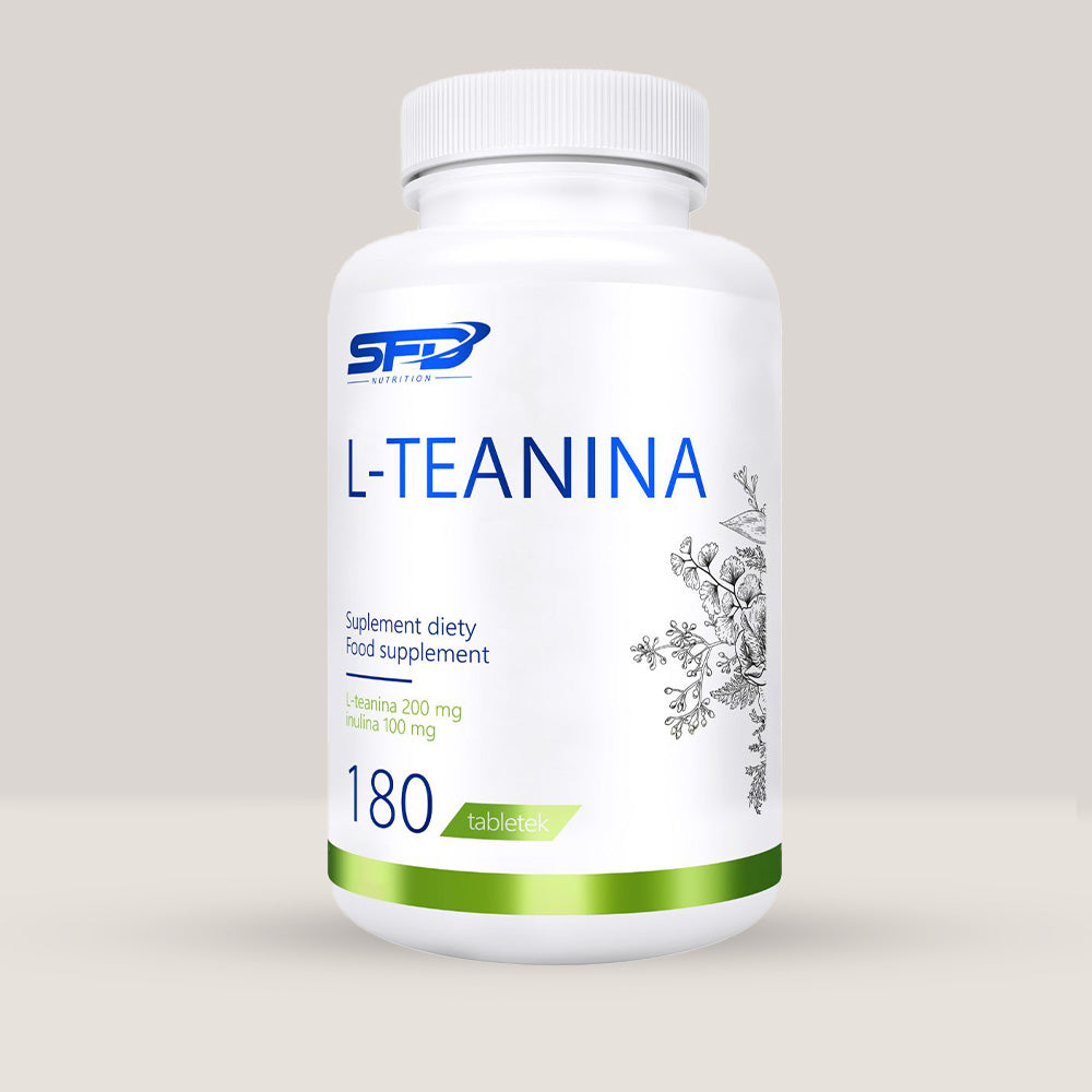 Imagine cu o cutie de SFD L-Teanina (180 tablete) de la SFD Nutrition, un supliment cu L-teanină pentru relaxare și concentrare.