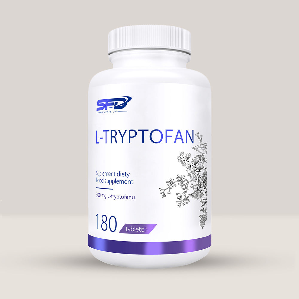 Imagine cu o cutie de SFD L-Tryptofan (180 tablete) de la SFD Nutrition, un supliment cu L-triptofan pentru un somn odihnitor și relaxare.