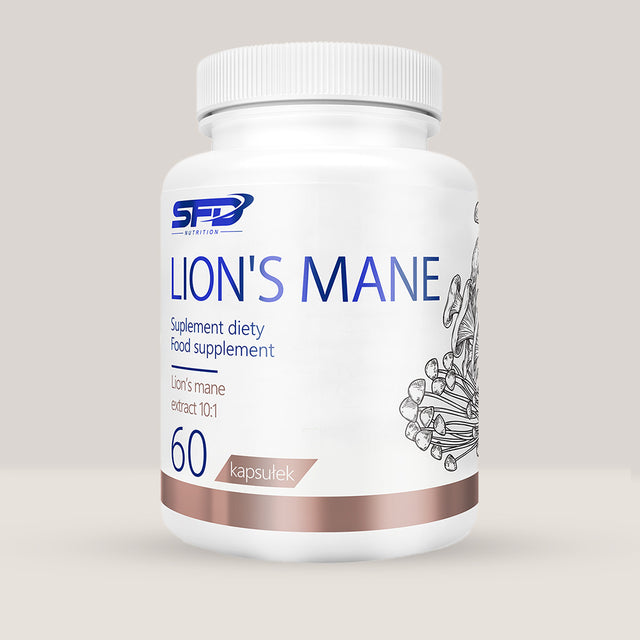 Imagine cu o cutie de SFD Lions Mane (60 capsule) de la SFD Nutrition, un supliment cu extract din ciuperca Coama Leului pentru funcția cognitivă.