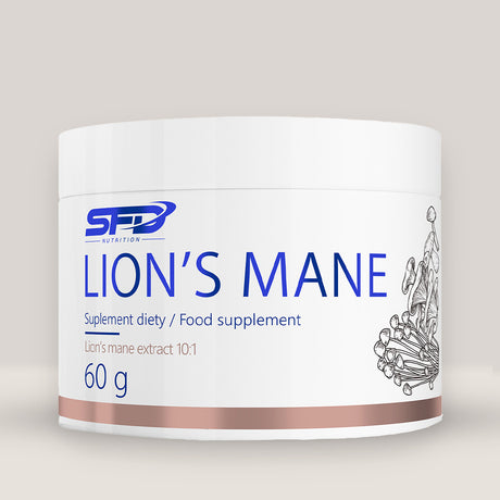 Imagine cu o cutie de SFD Lions Mane (60 de serviri) de la SFD Nutrition, un supliment cu extract din ciuperca Coama Leului pentru funcția cognitivă.