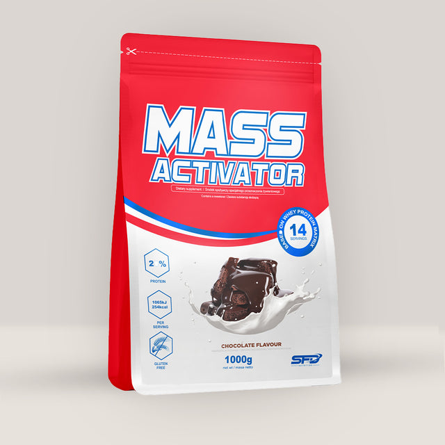 Imagine cu o cutie de SFD Mass Activator 1000g de la SFD Nutrition, un gainer cu proteine și carbohidrați pentru creștere în masă musculară.