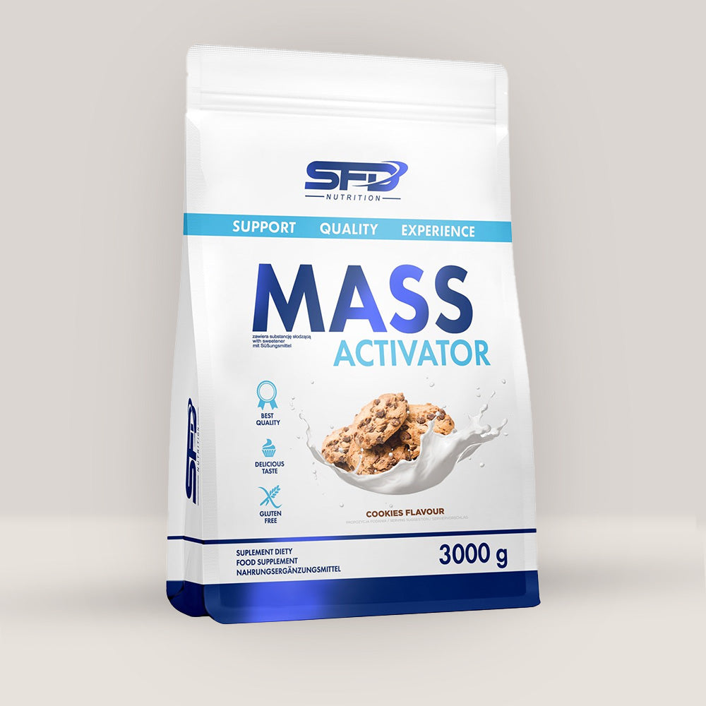 Imagine cu o cutie de SFD Mass Activator 3000g de la SFD Nutrition, un gainer cu proteine și carbohidrați pentru creștere în masă musculară.