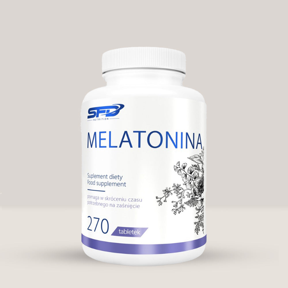 Imagine cu o cutie de SFD Melatonină (270 tablete) de la SFD Nutrition, un supliment cu melatonină pură pentru un somn odihnitor.