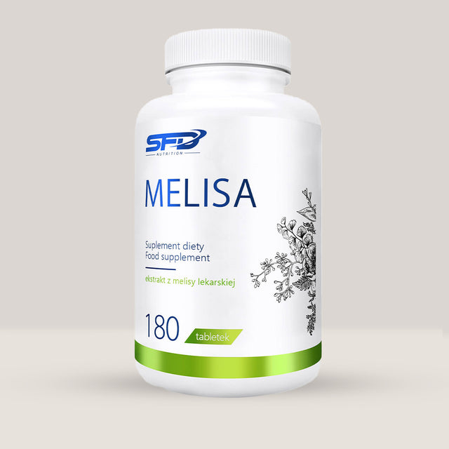 Imagine cu o cutie de SFD Melisa (180 tablete) de la SFD Nutrition, un supliment cu extract de roiniță pentru relaxare și un somn odihnitor.