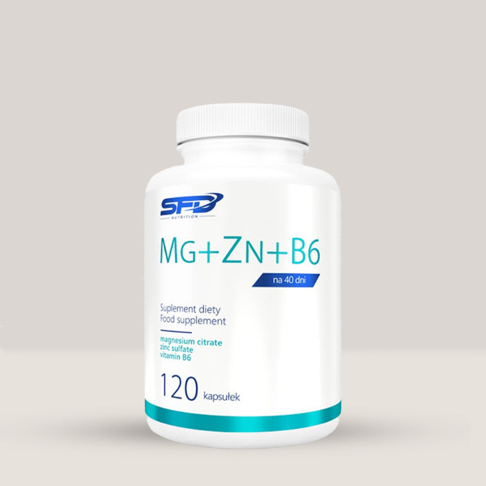 Imagine cu o cutie de SFD MG + ZN + B6 (120 capsule) de la SFD Nutrition, un supliment cu magneziu, zinc și vitamina B6 pentru energie și funcționarea mușchilor.