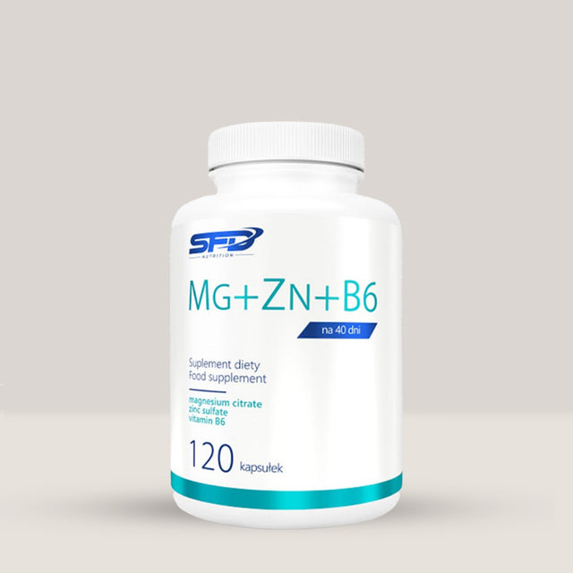 Imagine cu o cutie de SFD MG + ZN + B6 (120 capsule) de la SFD Nutrition, un supliment cu magneziu, zinc și vitamina B6 pentru energie și funcționarea mușchilor.