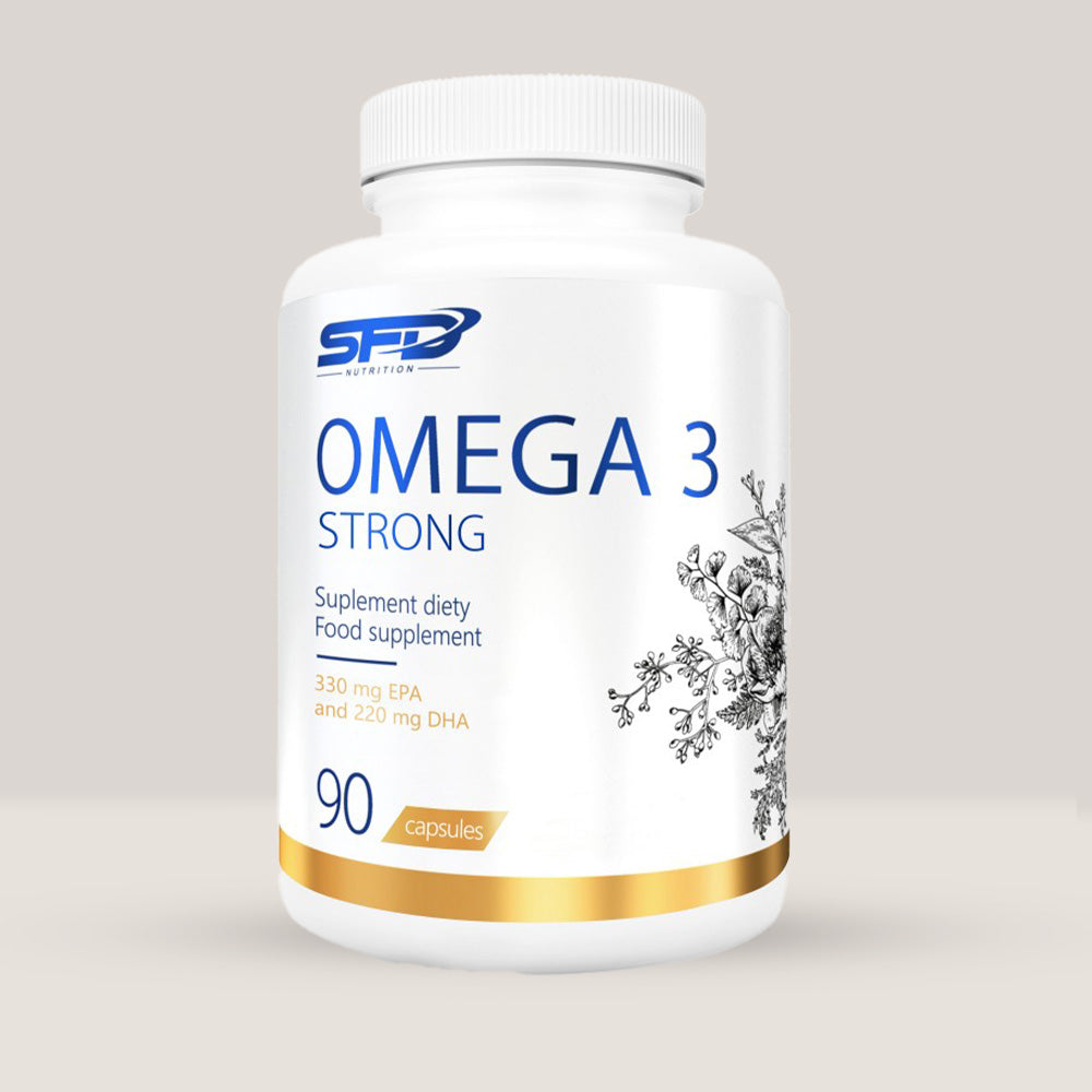 Imagine cu o cutie de SFD Omega 3 Strong (90 capsule) de la SFD Nutrition, un supliment cu ulei de pește concentrat pentru sănătatea inimii și a creierului.