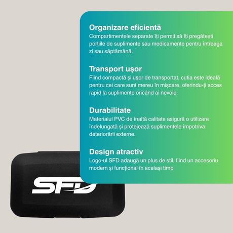 Nutriție precisă, mereu la îndemână. Organizatorul SFD Pill Box: atinge-ți potențialul maxim.