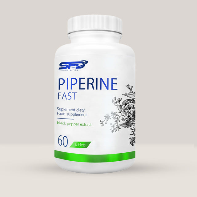 Imagine cu o cutie de SFD Piperine Fast (60 tablete) de la SFD Nutrition, un supliment cu extract de piper negru pentru accelerarea metabolismului.