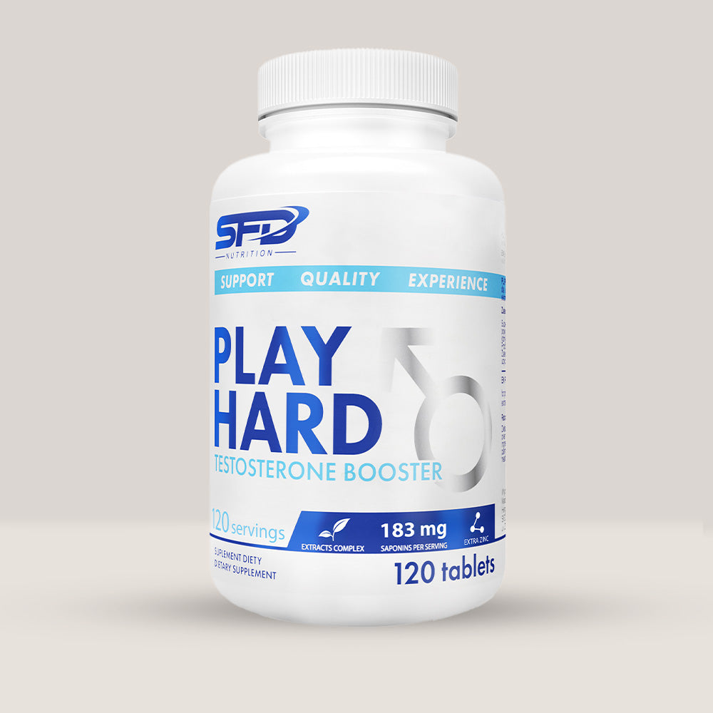 Imagine cu o cutie de SFD Play Hard (120 tablete) de la SFD Nutrition, un supliment pentru creșterea nivelului de testosteron și performanță masculină.