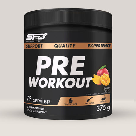 Imagine cu o cutie de SFD Pre Workout Mango (375g, 75 de serviri) de la SFD Nutrition, un supliment de pre-antrenament cu aromă de mango pentru energie și performanță.