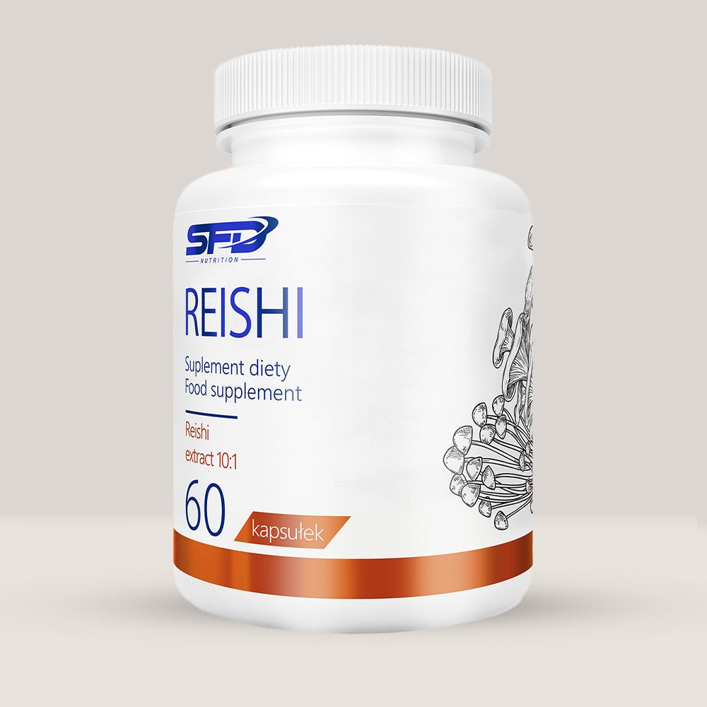 Imagine cu o cutie de SFD Reishi (60 capsule) de la SFD Nutrition, un supliment cu extract din ciuperca Reishi pentru imunitate și reducerea stresului.