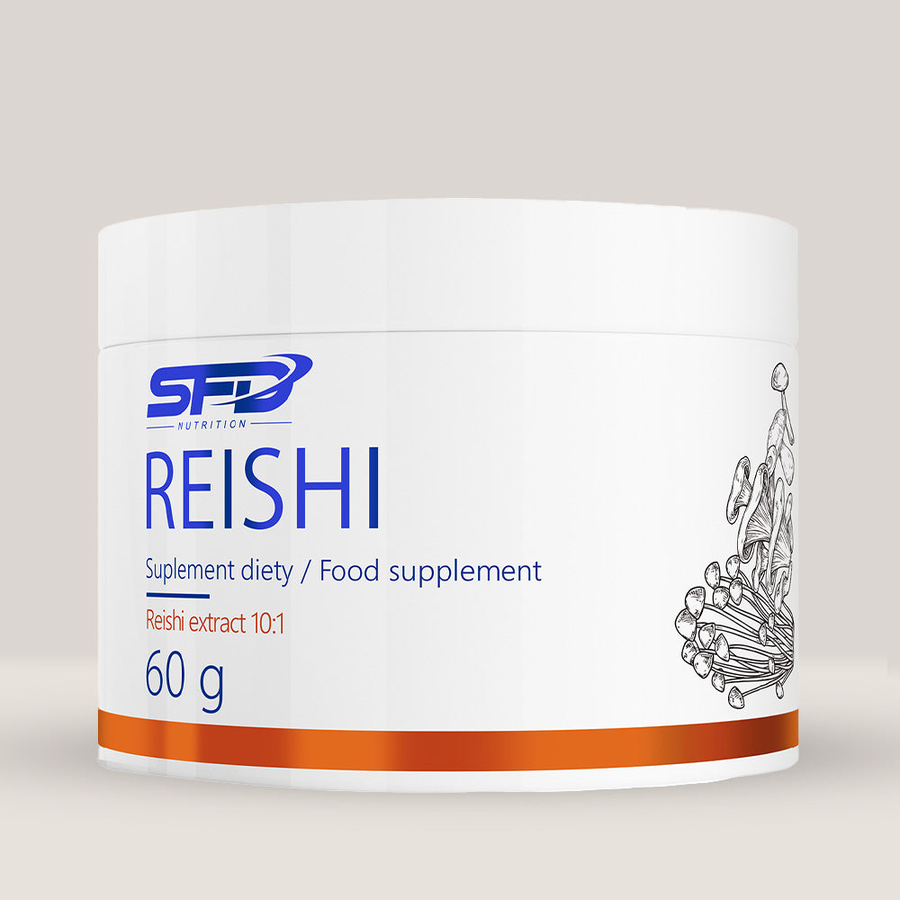 Imagine cu o cutie de SFD Reishi 60g (60 de serviri) de la SFD Nutrition, un supliment cu extract din ciuperca Reishi sub formă de pulbere pentru imunitate și reducerea stresului.