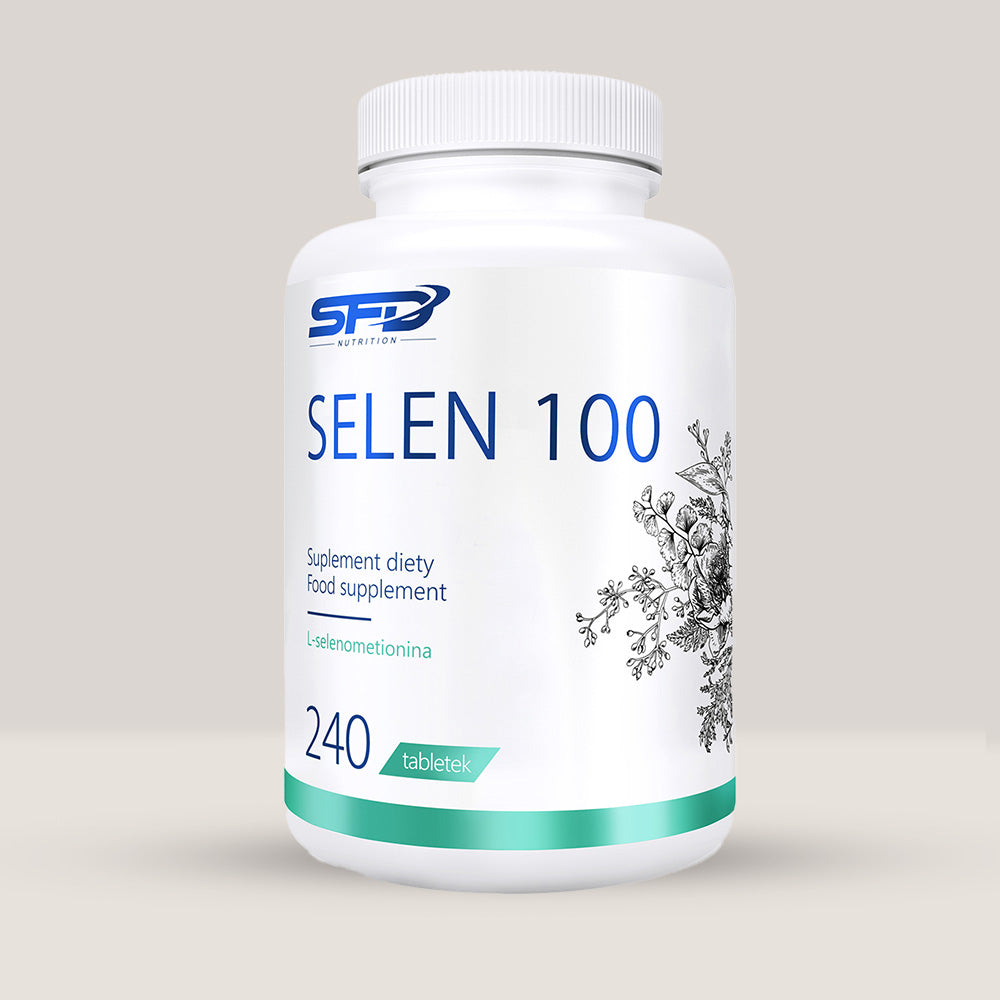 Imagine cu o cutie de SFD Selen 100 (240 tablete) de la SFD Nutrition, un supliment cu seleniu pentru sănătatea părului și a unghiilor.