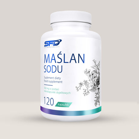 Imagine cu o cutie de SFD Sodium Butyrate (120 capsule) de la SFD Nutrition, un supliment cu butirat de sodiu pentru sănătatea digestivă.