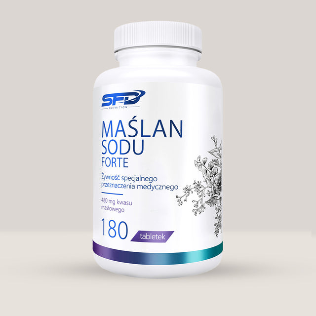 Imagine cu o cutie de SFD Sodium Butyrate Forte (180 tablete) de la SFD Nutrition, un supliment cu butirat de sodiu pentru sănătatea digestivă.