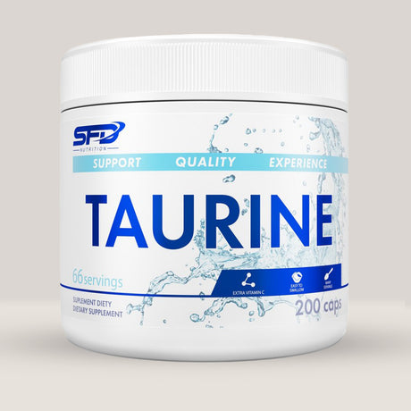 Imagine cu o cutie de SFD Taurine (200 capsule, 66 de serviri) de la SFD Nutrition, un supliment cu taurină pentru energie și performanță.